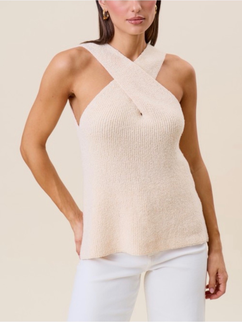 Cream Cross-Front Knit Halter Top